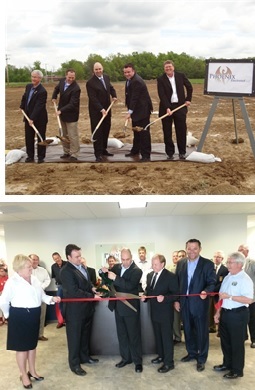 men standing in suits with shovels, men and women dressed up with large scissors cutting a ribbon